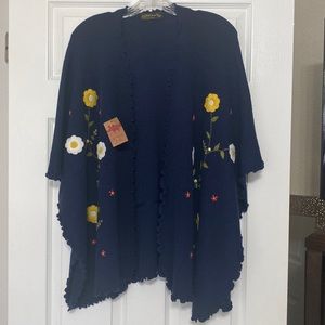 Navy Knitted Floral Shawl Sweater O/S